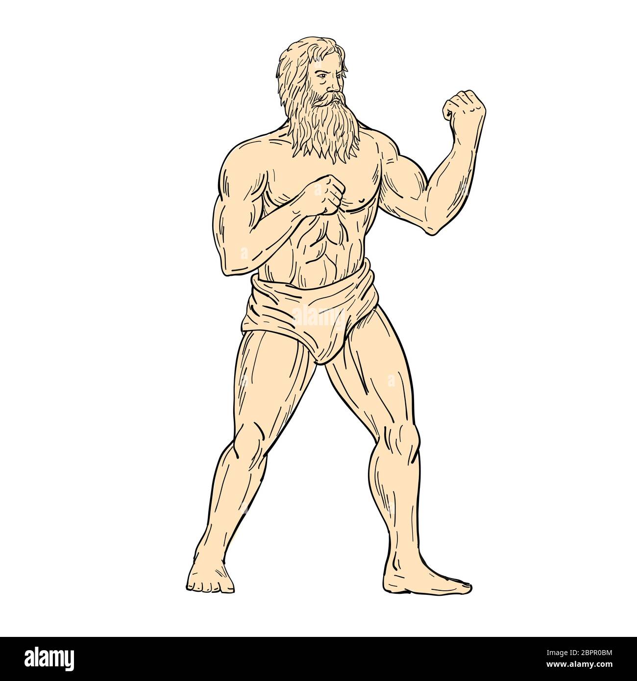 Drawing sketch style illustration of a Hercules, a Roman hero and god, with fists on chest ready to fight in boxer boxing fighting stance on isolated Stock Photo