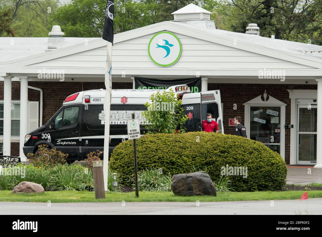 May 17, 2020, Geneva, Illinois, USA: A Superior ambulance prepares to leave Bria of Geneva skilled nursing facility in Geneva, Illinois. The facility has had a quarter of the residents die from COVID-19. As of May 15, there have been 112 positive cases and 22 deaths among residents and staff at the skilled nursing facility. Bria of Geneva ranks near the top of COVID-19 cases and deaths coming from an Illinois nursing home. The nursing home is now being sued by the family of a 97-year-old woman who says they want to hold Bria of Geneva accountable. (Credit Image: © Mark Black/ZUMA Wire) Stock Photo