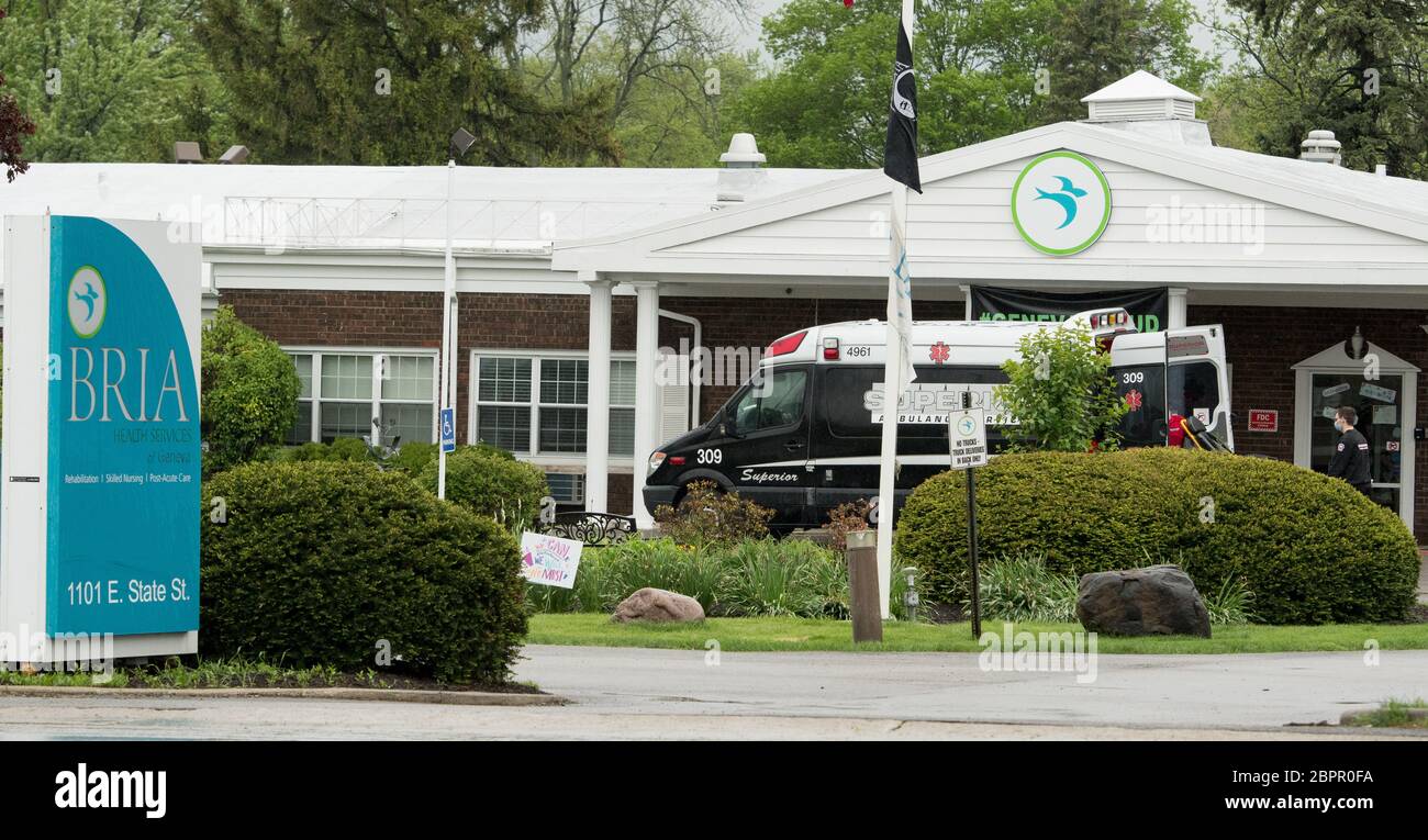 May 17, 2020, Geneva, Illinois, USA: A Superior ambulance prepares to leave Bria of Geneva skilled nursing facility in Geneva, Illinois. The facility has had a quarter of the residents die from COVID-19. As of May 15, there have been 112 positive cases and 22 deaths among residents and staff at the skilled nursing facility. Bria of Geneva ranks near the top of COVID-19 cases and deaths coming from an Illinois nursing home. The nursing home is now being sued by the family of a 97-year-old woman who says they want to hold Bria of Geneva accountable. (Credit Image: © Mark Black/ZUMA Wire) Stock Photo
