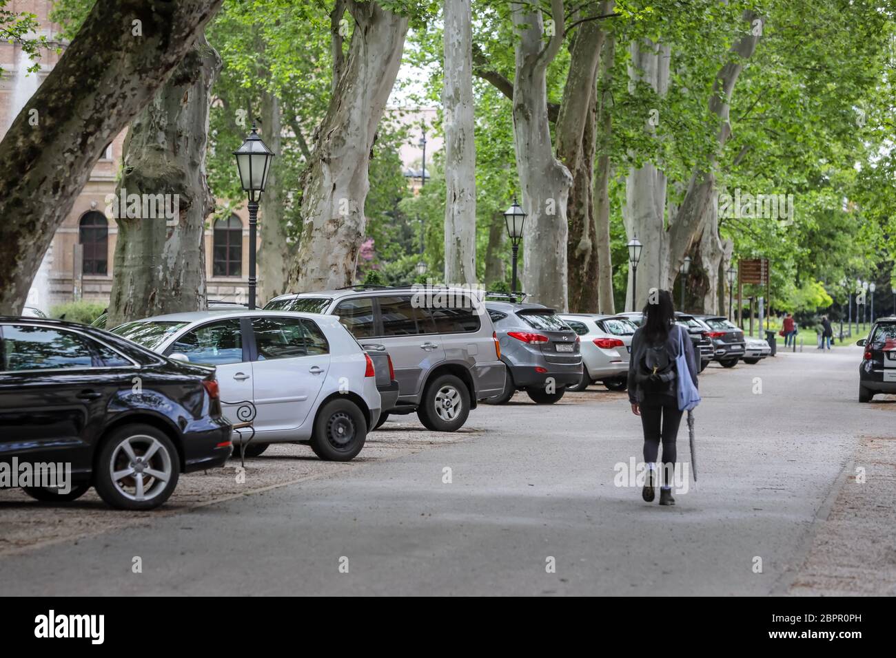 Zagreb, Croatia - April 16, 2020 : People after strong earthquake that damage lots of cars are parking cars in park Zrinjevac because of fear that a n Stock Photo