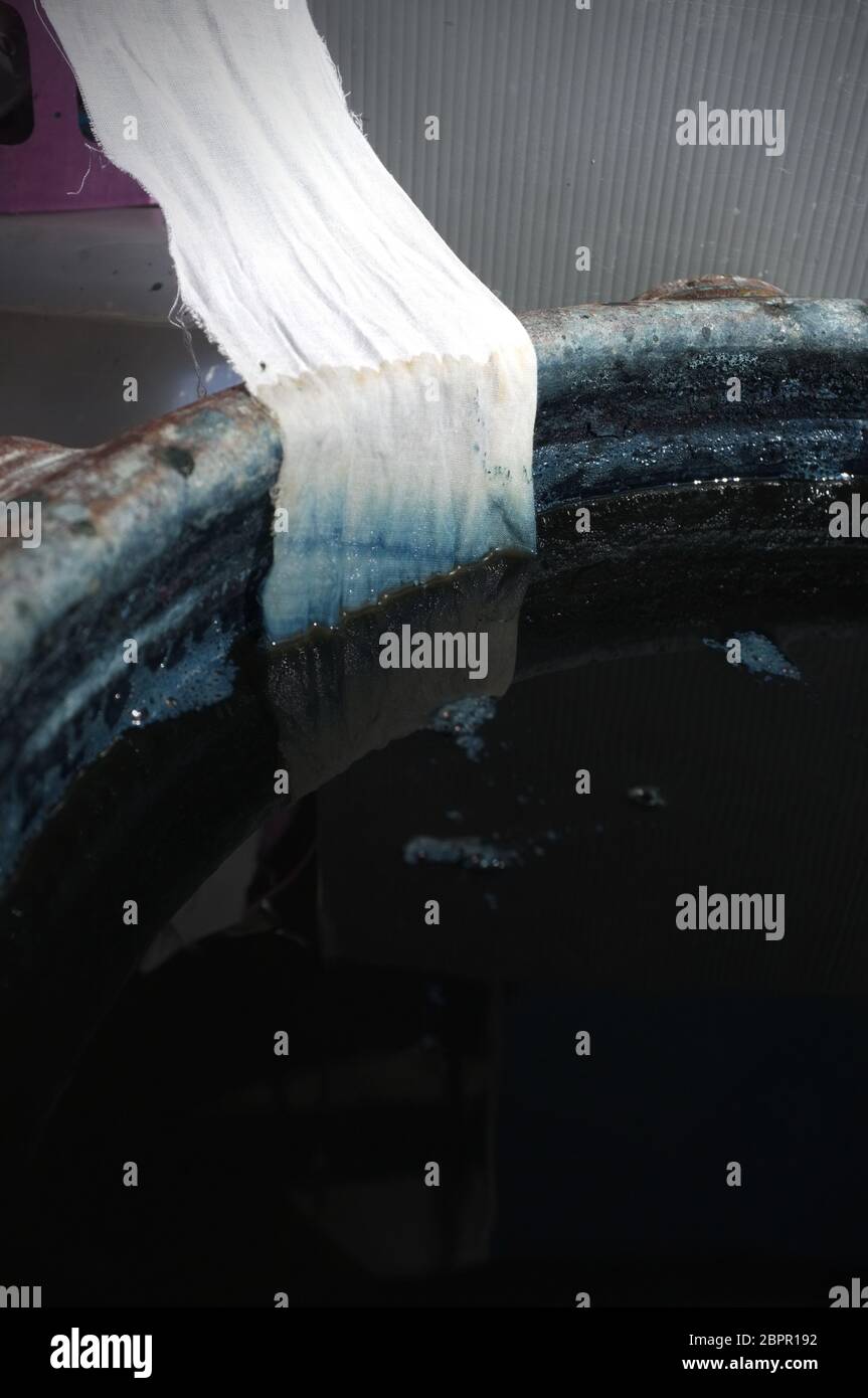 Making indigo dye, Indigo plant fermentation in clay pot . Testing