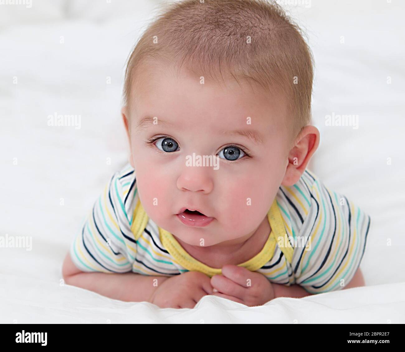 Adorable baby propped up on elbows Stock Photo Alamy