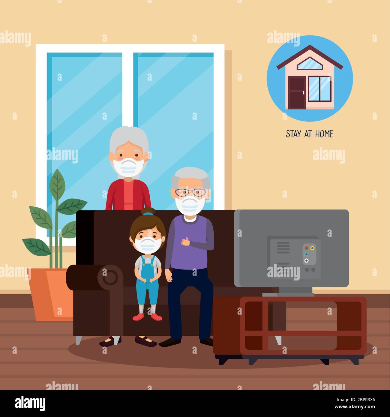 stay at home campaign with grandparents and granddaughter Stock Vector
