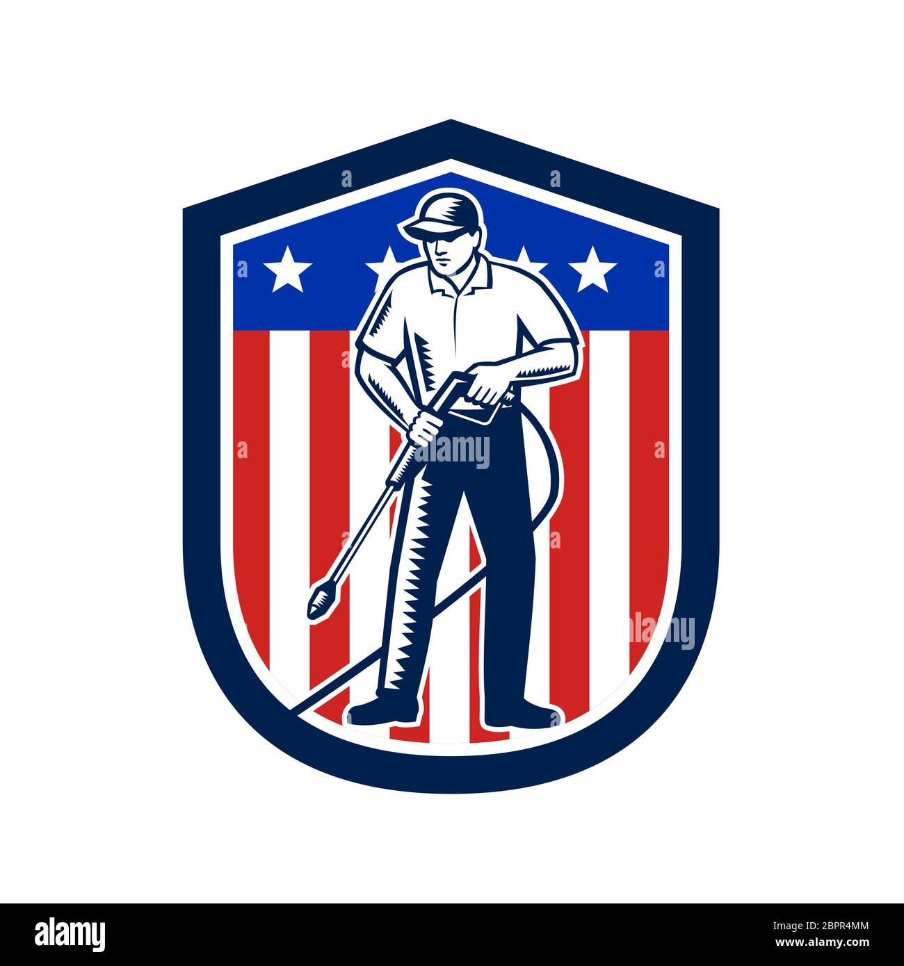 Illustration of male worker with pressure washer chemical washing using high-pressure water spray with USA American stars stripes flag set inside shie Stock Photo