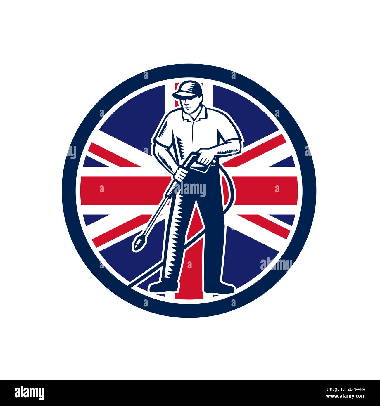 Illustration of British worker with pressure washer chemical washing using high-pressure water spray with UK United Kingdom Union Jack flag set inside Stock Photo