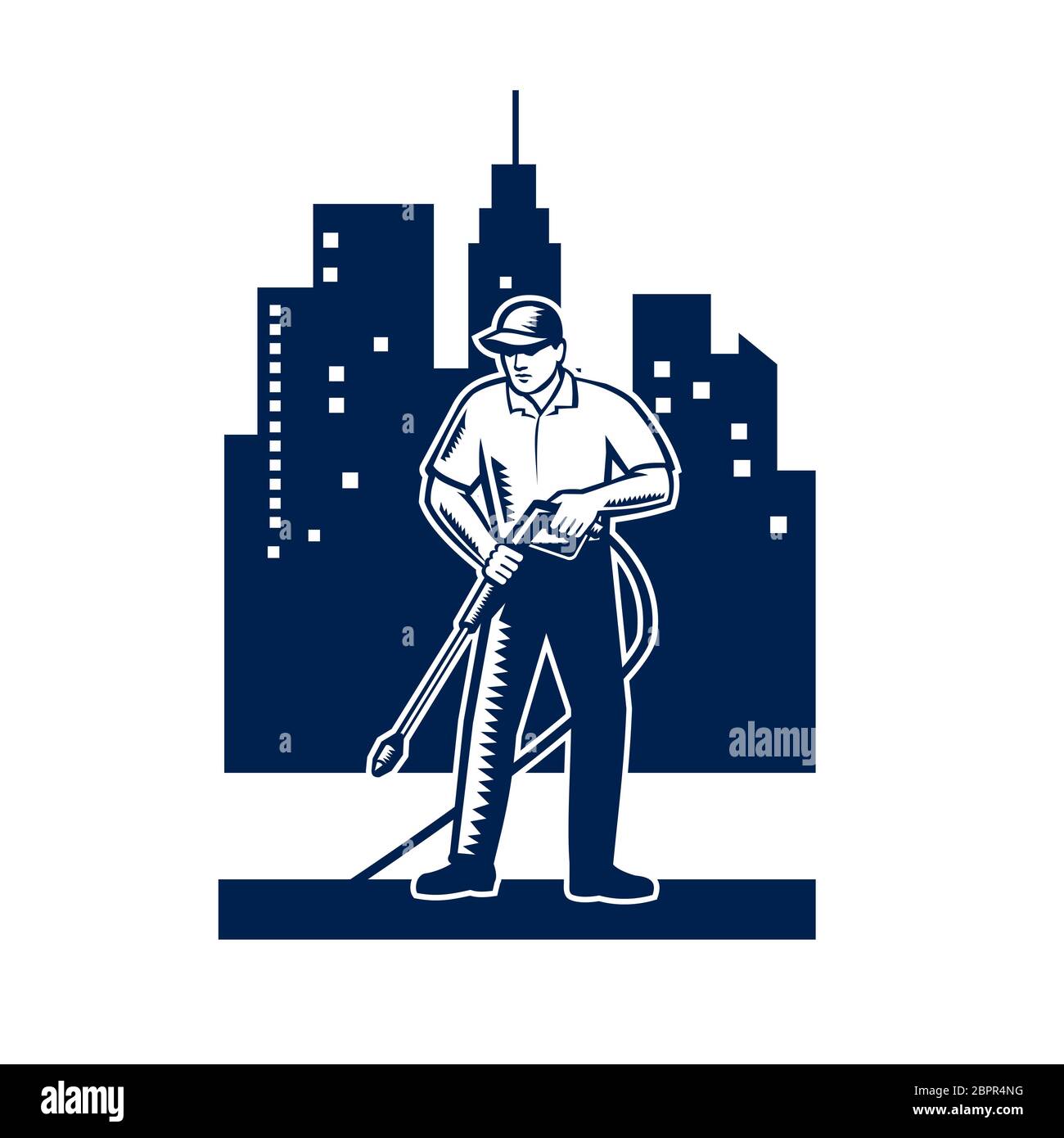 Illustration of male worker with pressure washer chemical washing using high-pressure water spray with urban buildings and cityscape in background don Stock Photo