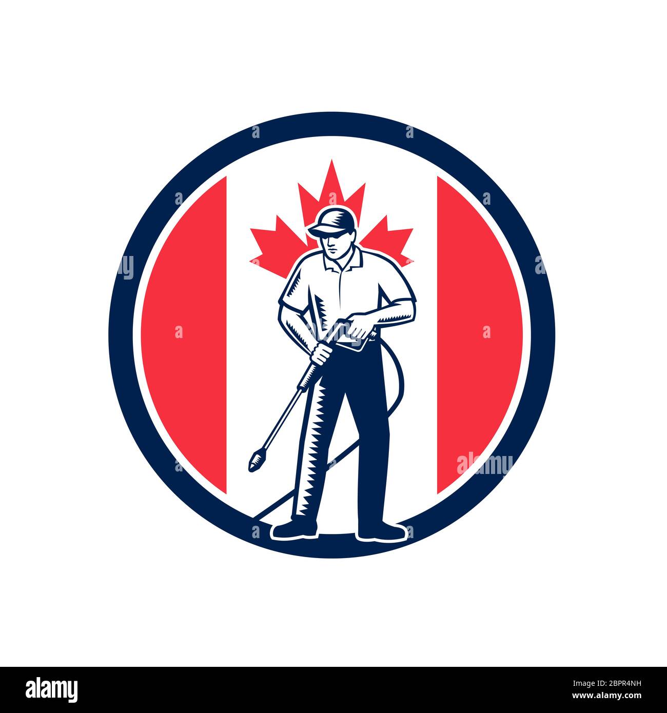 Illustration of a Canadian worker with pressure washer chemical washing using high-pressure water spray with Canada maple leaf flag set inside circle Stock Photo