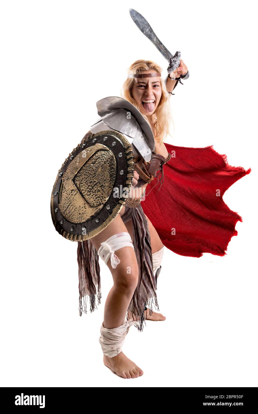 Ancient woman warrior or Gladiator posing with sword and shield ...