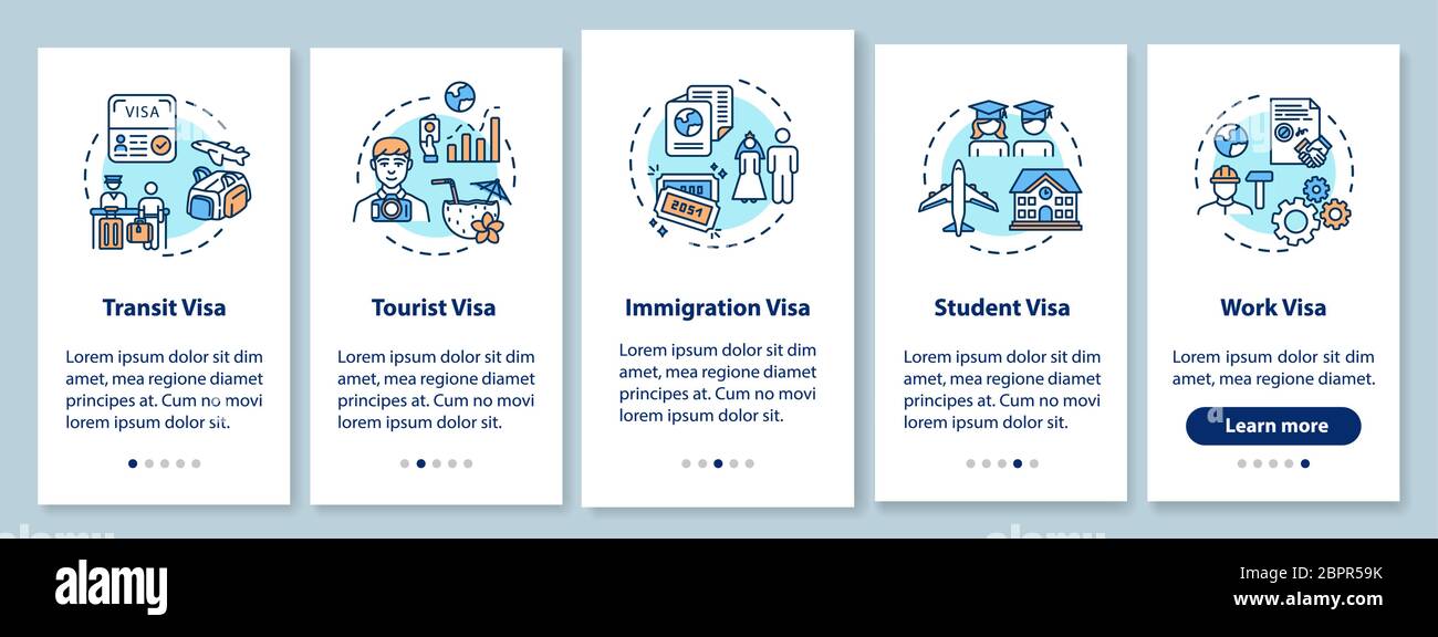 Visa onboarding mobile app page screen with concepts Stock Vector