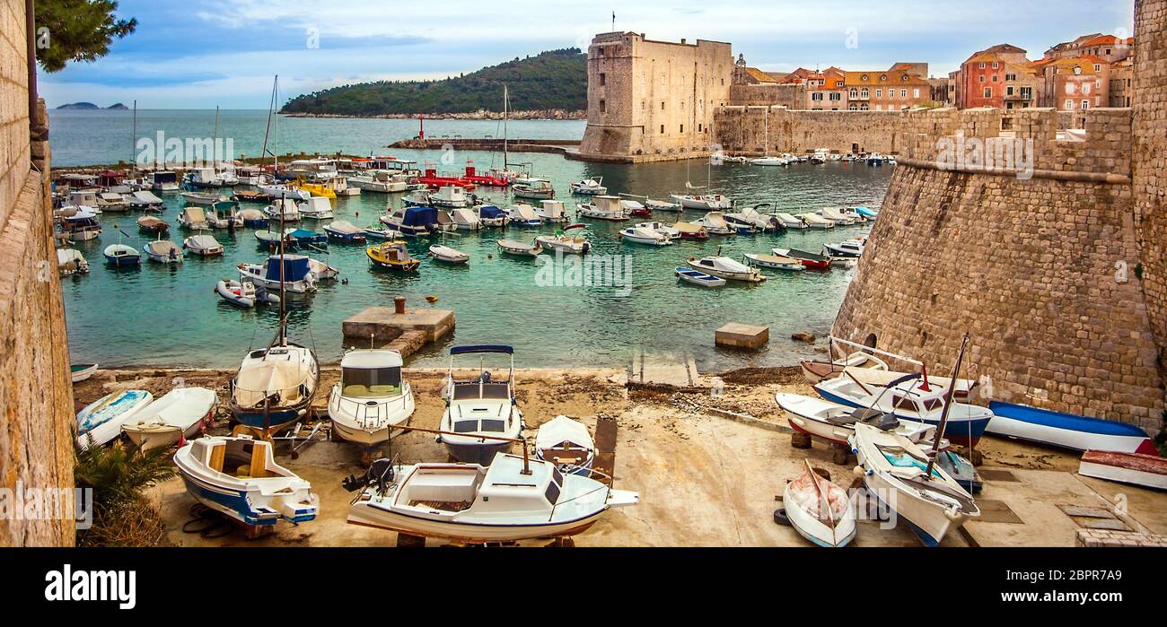 Dubrovnik, Croatia on March 04, 2018 View of the old Town and the Harbor Stock Photo