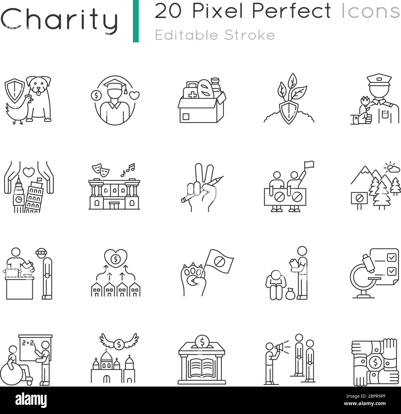 Charity pixel perfect linear icons set Stock Vector