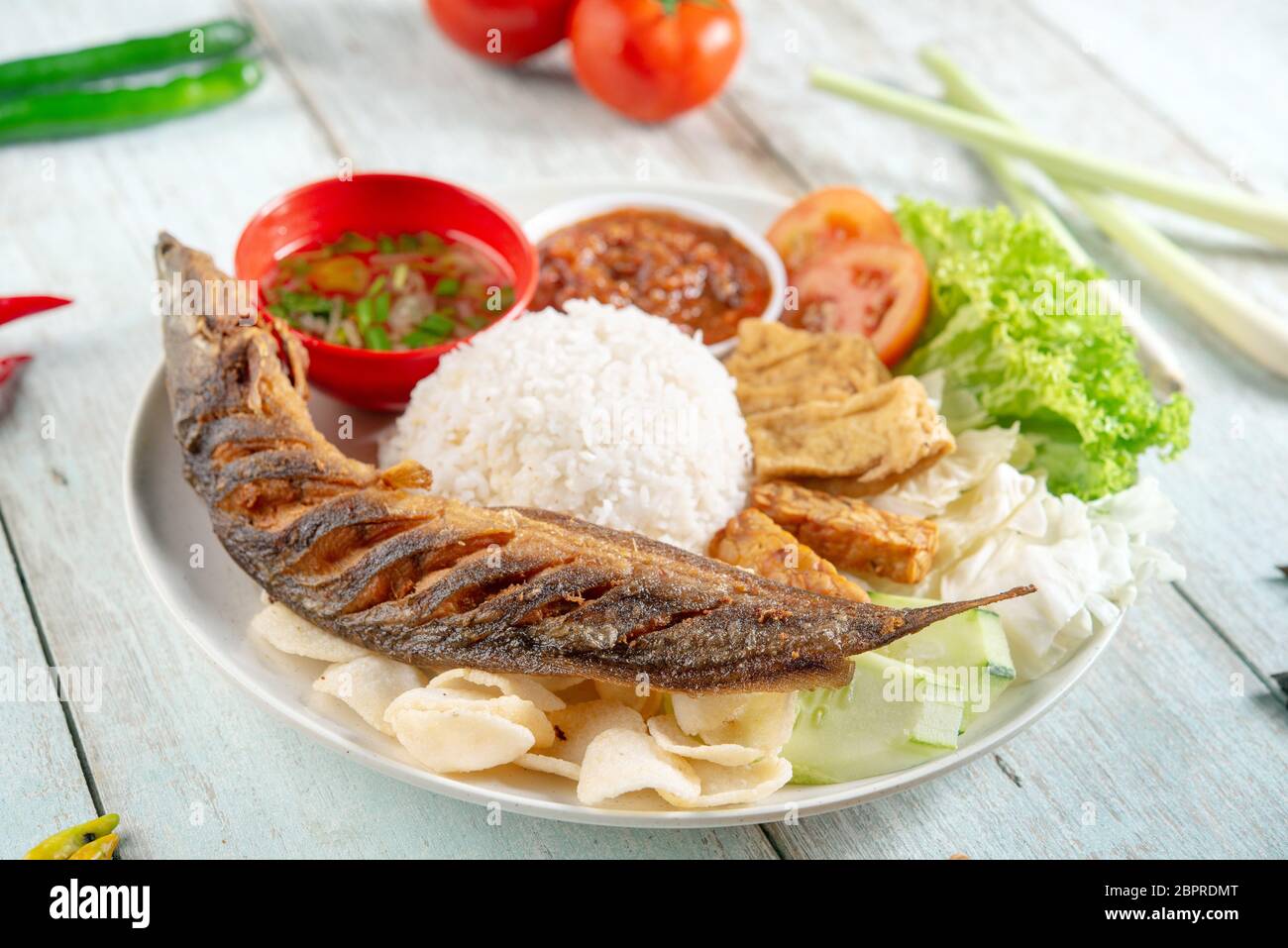 Fried catfish rice with sambal, popular traditional Malay or Indonesian