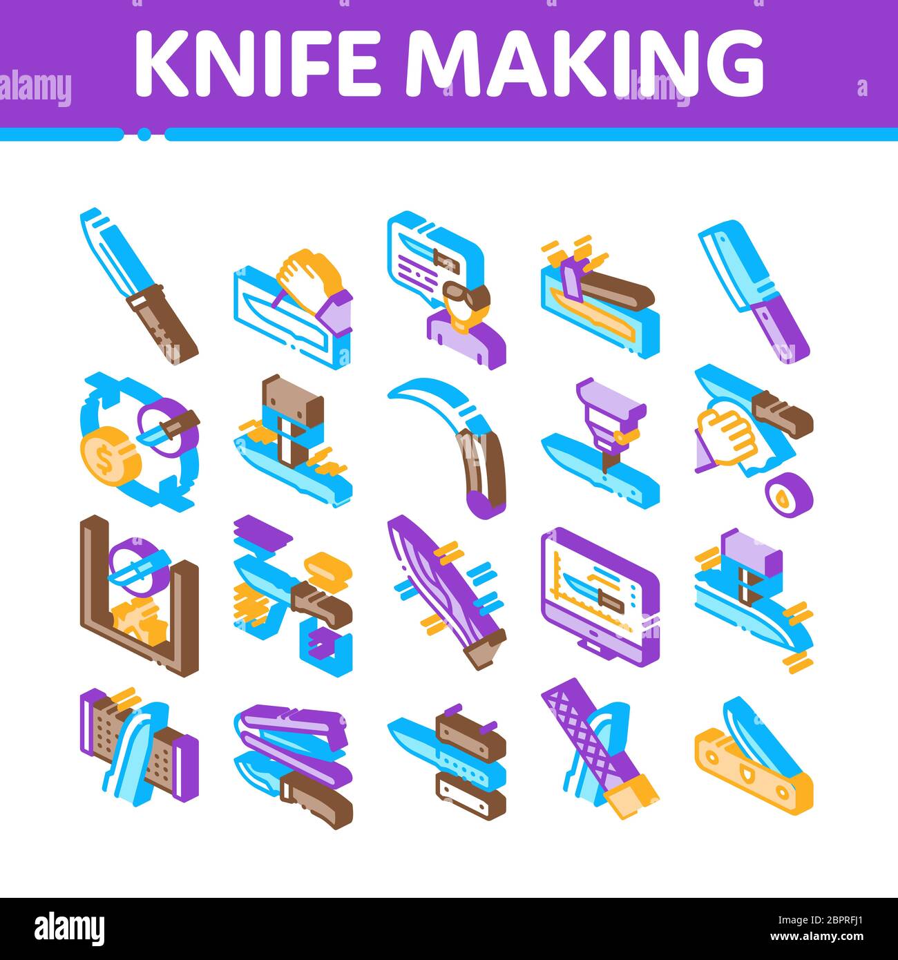 Knife Making Utensil Isometric Icons Set Vector Stock Vector