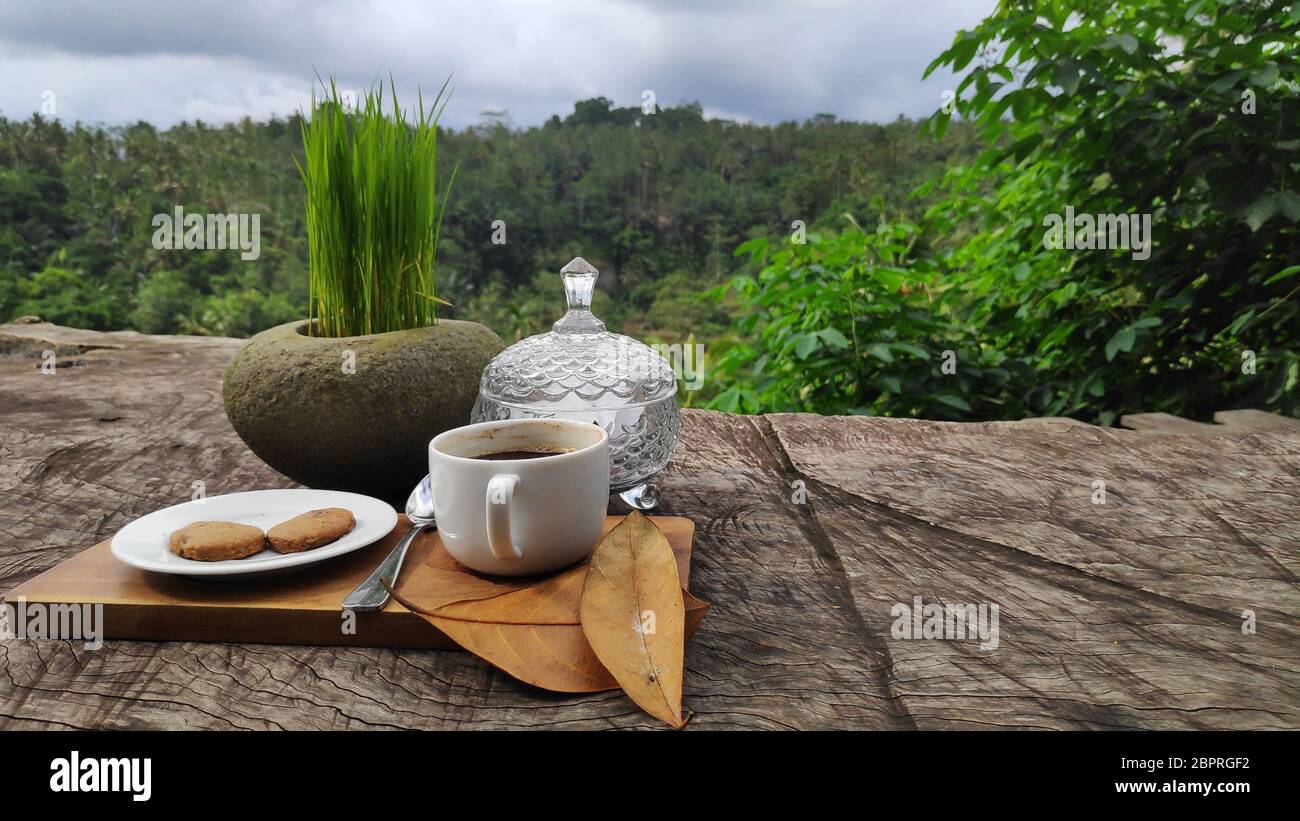 Coffee and tea testing on the wood table Bali, Indonesia Stock Photo ...