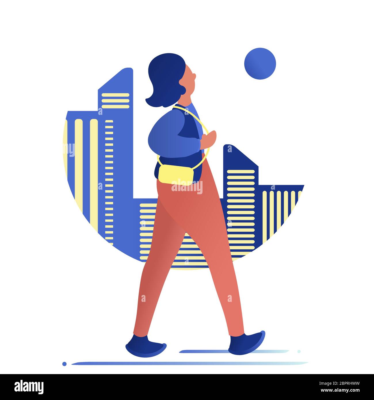 Woman with long legs walking in the city. Vetor illustration in blue red and yellow color Stock Vector