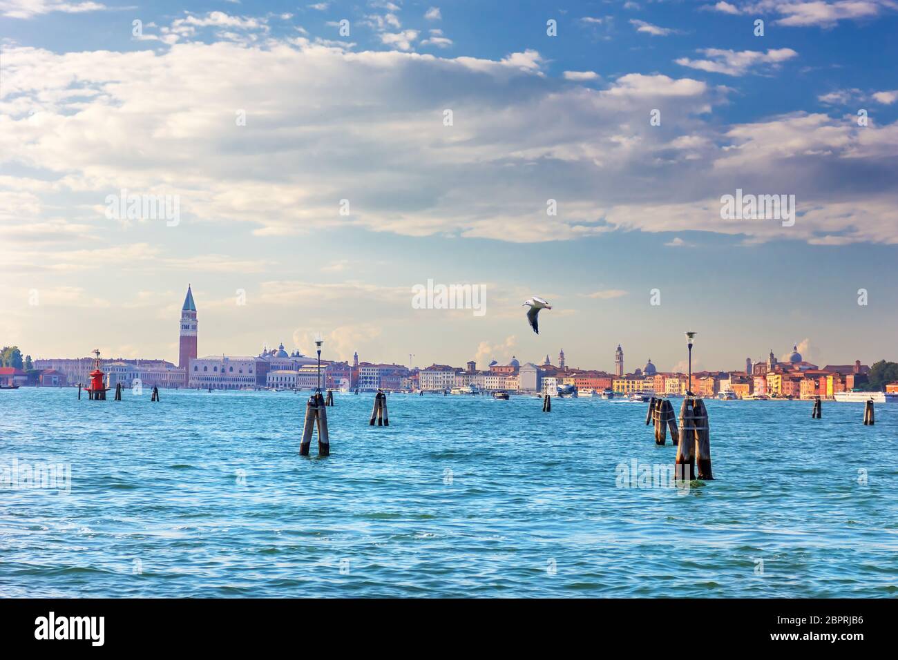 San Marco Square, Doge's palace and other sights of Venice, view from the lagoon and piers. Stock Photo