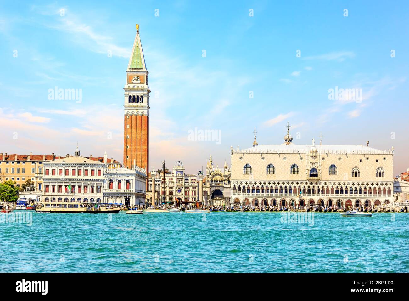 Piazza San Marco with the Basilica, the Campanile and the Doge's Palace view from the sea, Venice. Stock Photo