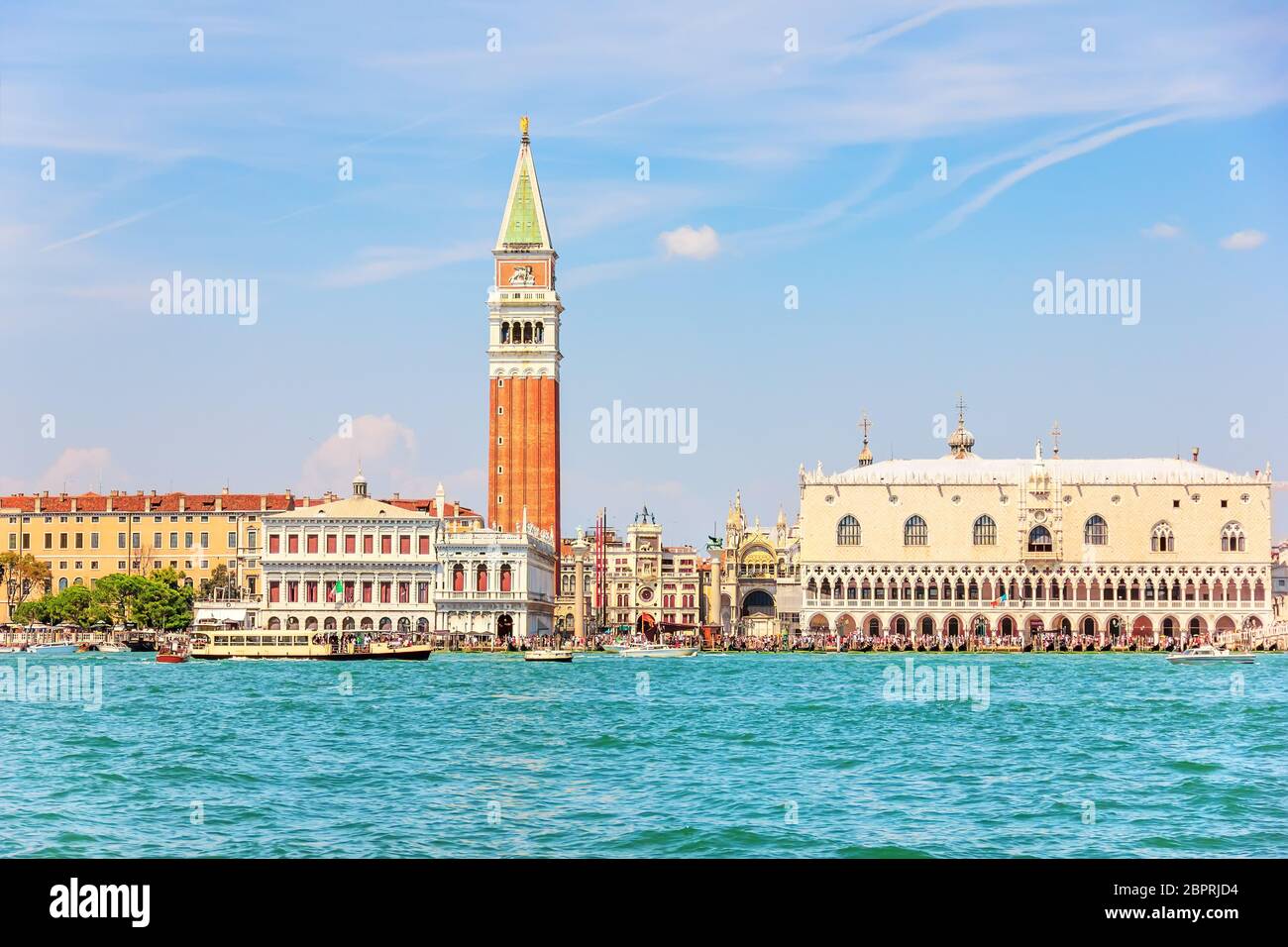Piazza San Marco and other Venice sights, view from the sea. Stock Photo