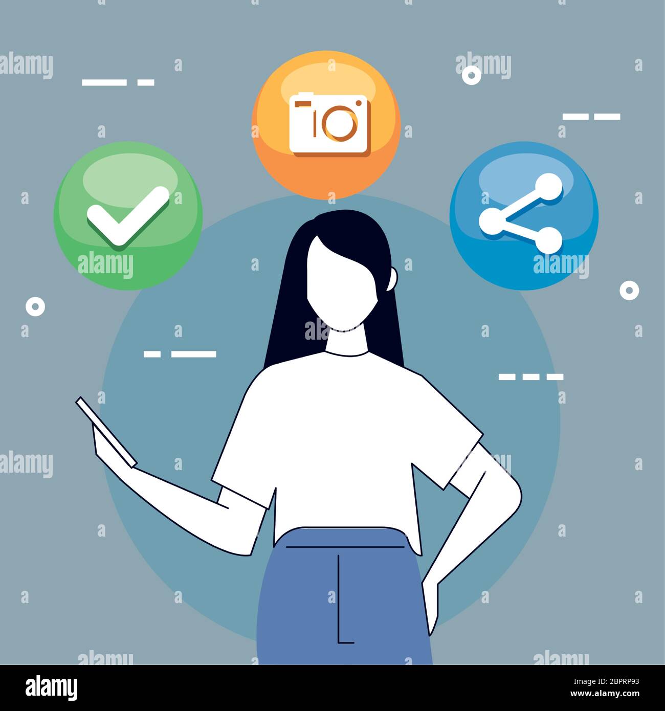 woman with smartphone and social media icons Stock Vector Image & Art ...