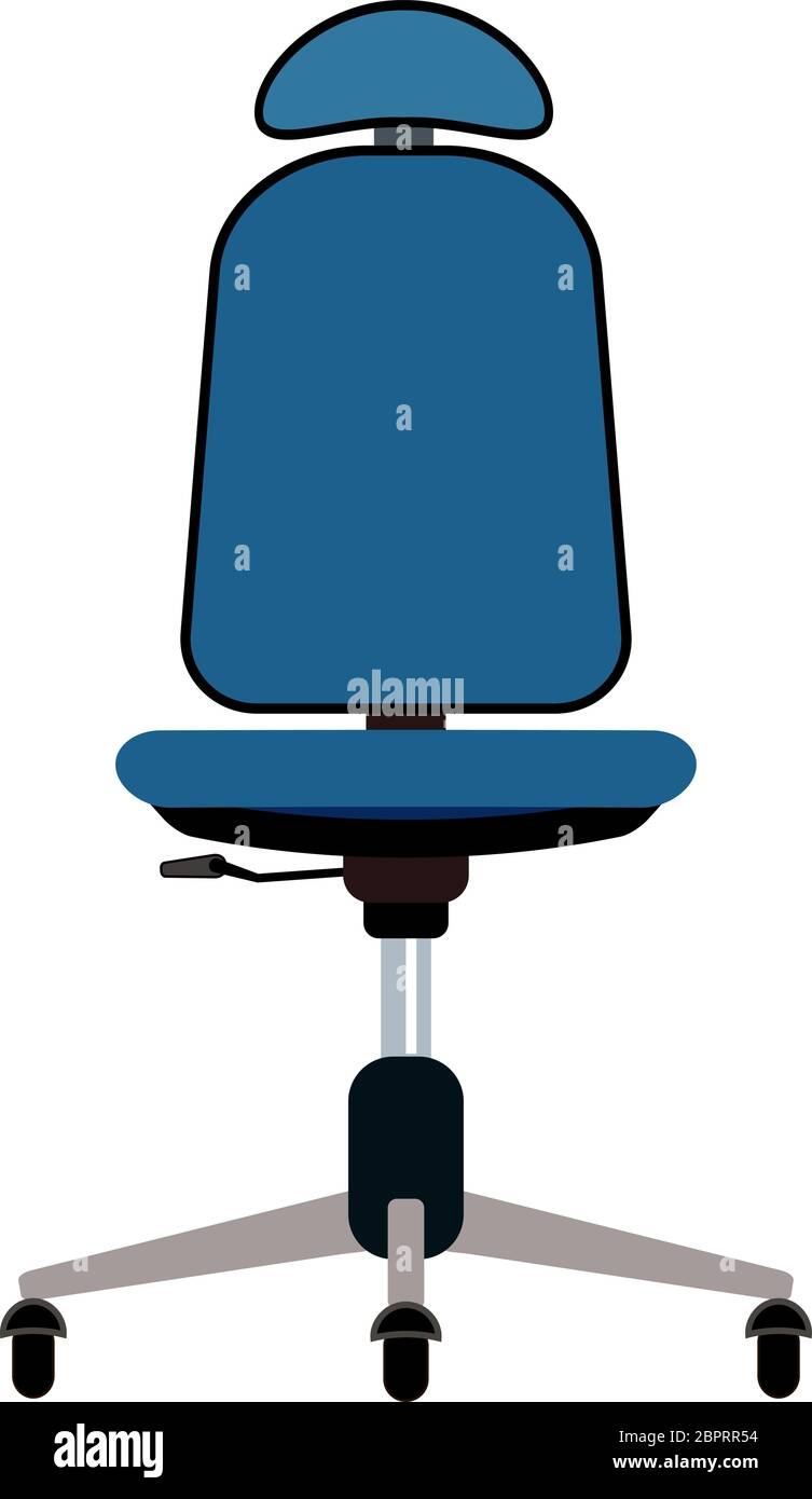 Blue office chair with headrest vector illustration. Furniture with rolls and all equipment tor it. Object isolated on white. Use for office interior Stock Vector