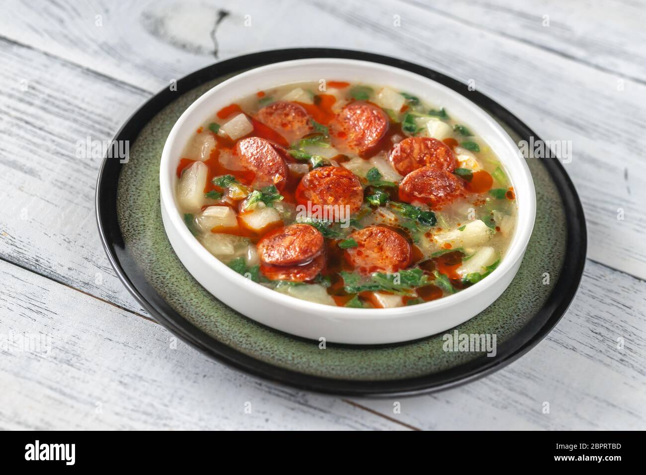 Portion of Portuguese Caldo verde soup Stock Photo