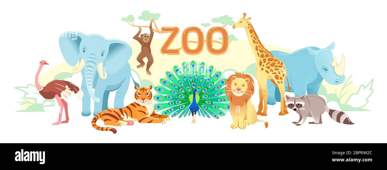 Zoo flat landscape, Cute cartoon animal set background. Exotic Wildlife illustration with tiger lion elephant rhino monkey racoon giraffe ostrich peacock. zoological park vector scenery web cover. Stock Vector