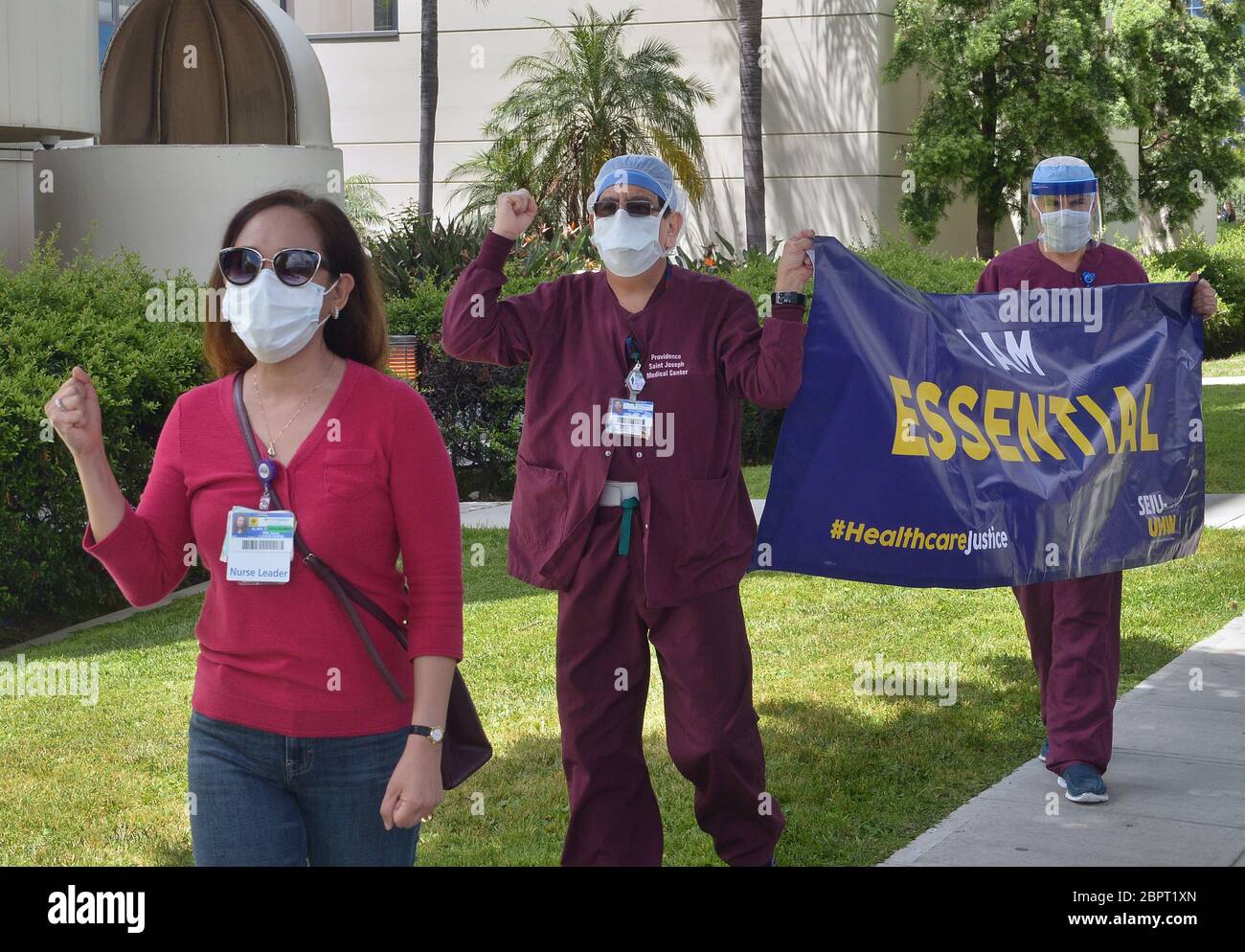Burbank, United States. 19th May, 2020. A small group of employees picket outside the Providence St. Joseph Medical Center in Burbank, California on Tuesday, May 19, 2020. The picketers claim management is putting their health and safety at risk.because of lax protocols around the treatment of COVID-19 patients, a lack of personal protective equipment and short-staffing. Photo by Jim Ruymen/UPI Credit: UPI/Alamy Live News Stock Photo