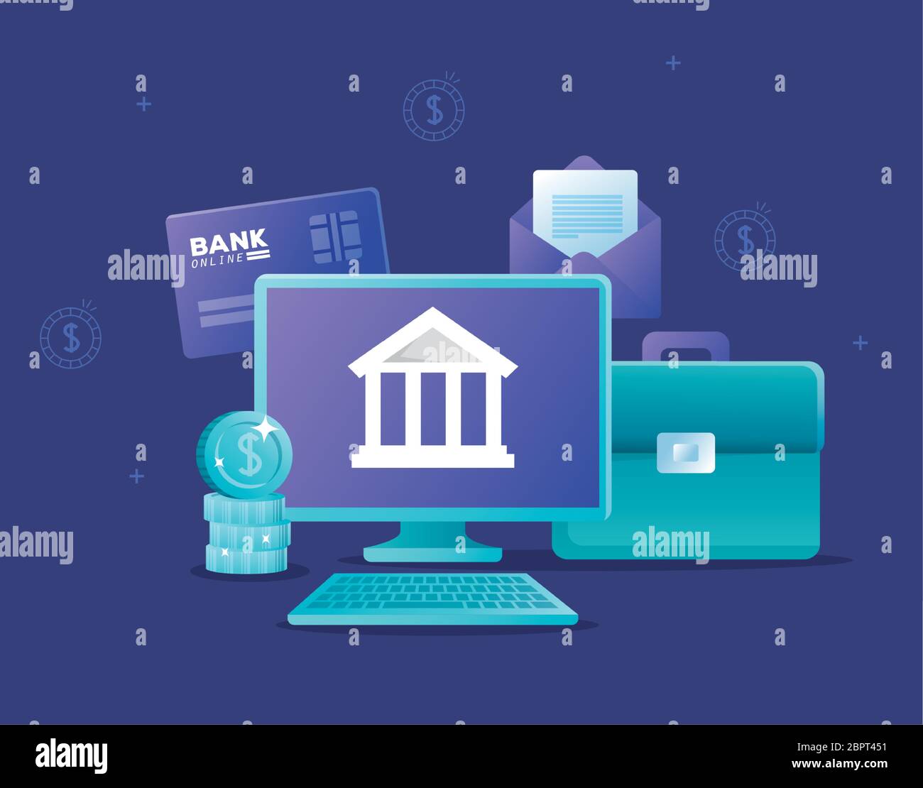 concept of bank online with computer desktop and icons Stock Vector ...