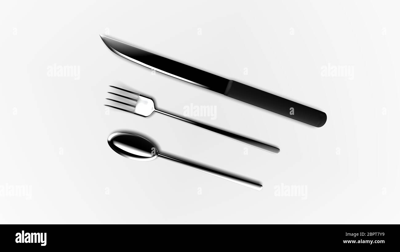 The 3d rendering of Set of fork, knife and spoon isolated on white ...