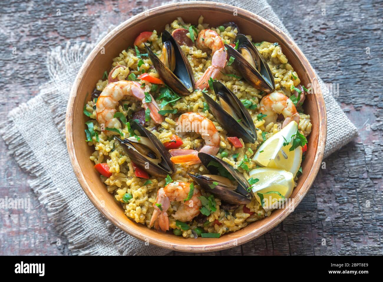 Bowl of seafood paella Stock Photo Alamy