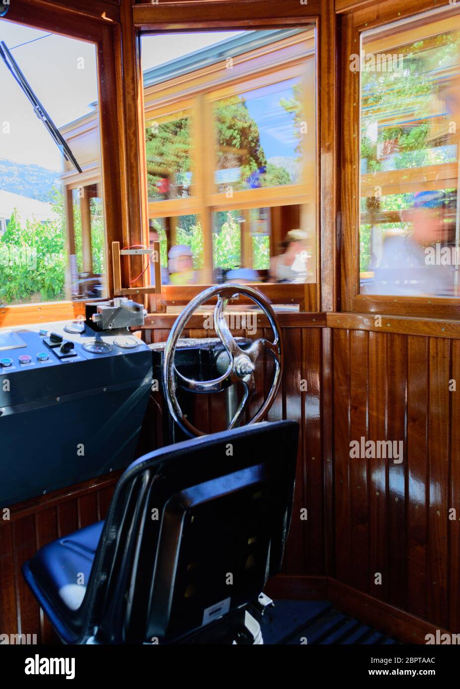The driver's seat of an old vintage tram Stock Photo