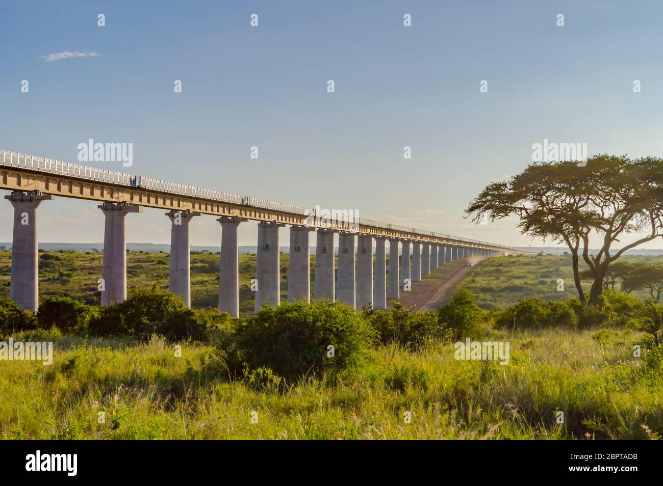 View of the viaduct of the Nairobi railroad to mombassa in the savannah of Nairobi Park in central Kenya Stock Photo