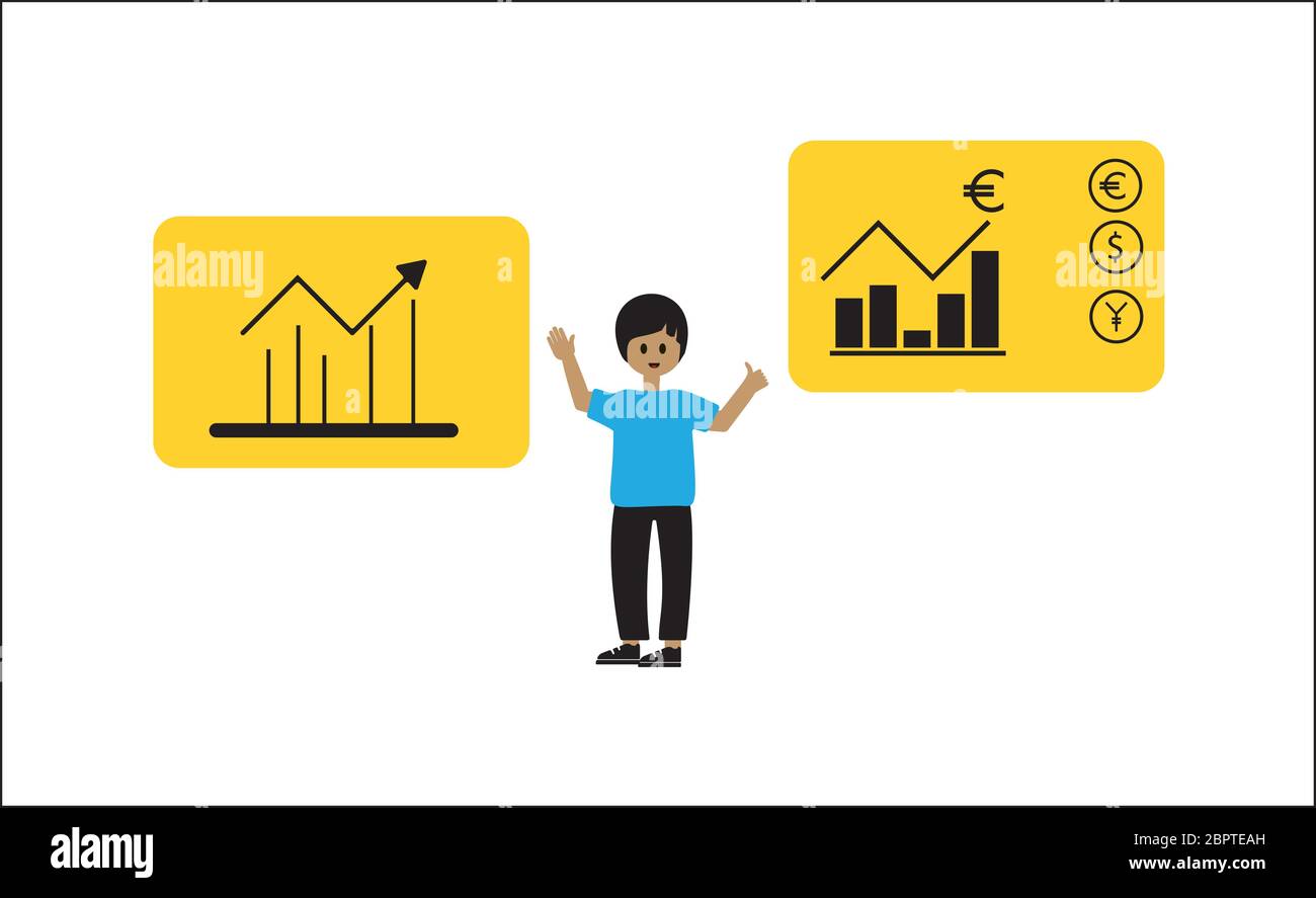 The guy points to a computer display with various diagrams, graphs. The concept of analysis of statistical data, financial statistics and analytics. M Stock Vector