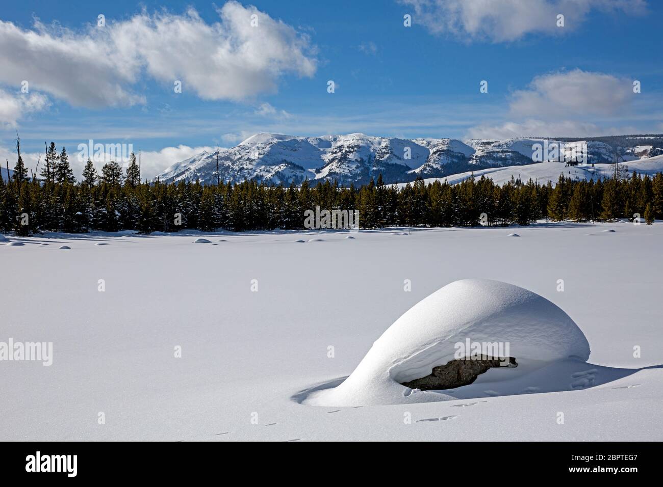 WY04488-00....WYOMING - Snow covered pond and the Gallitan Range from the Bunsen Peak Ski Trail in Yellowstone National Park. Stock Photo