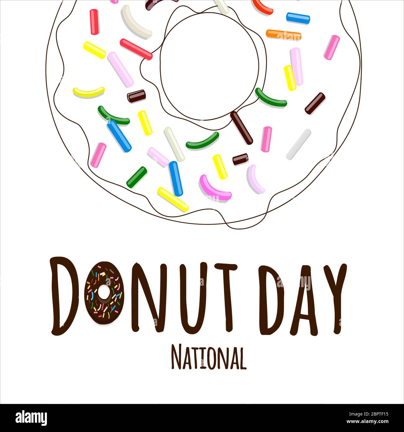 National Donut day text in cartoon style with multi-colored pastry topping  on donut in line art isolated on white Stock Vector Image & Art - Alamy