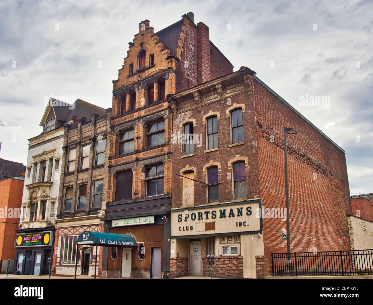 Abandoned building in downtown Wheeling WV including the Bower Hotel. Stock Photo