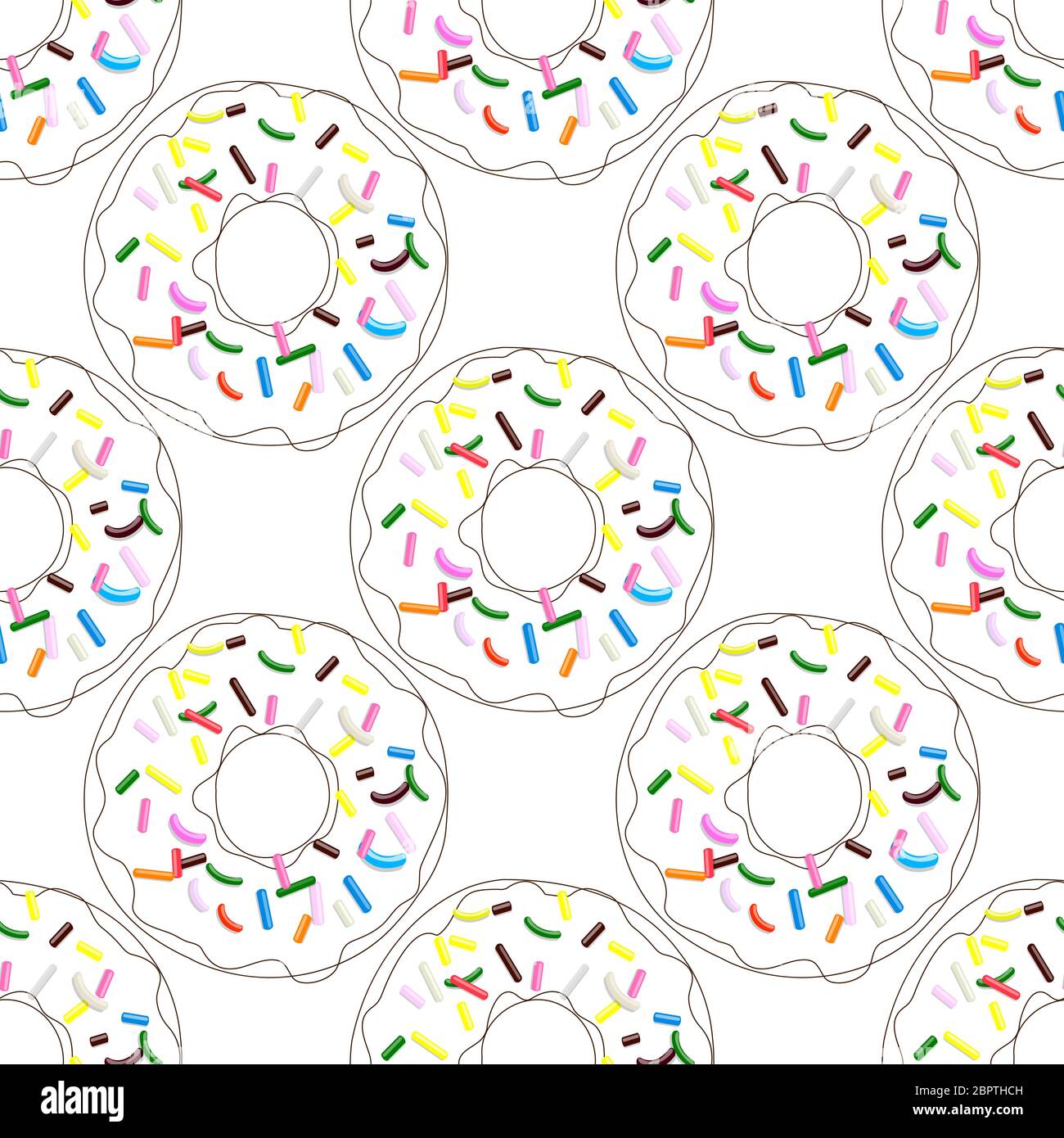 Vector seamless pattern illustration of donuts in line art with multi ...