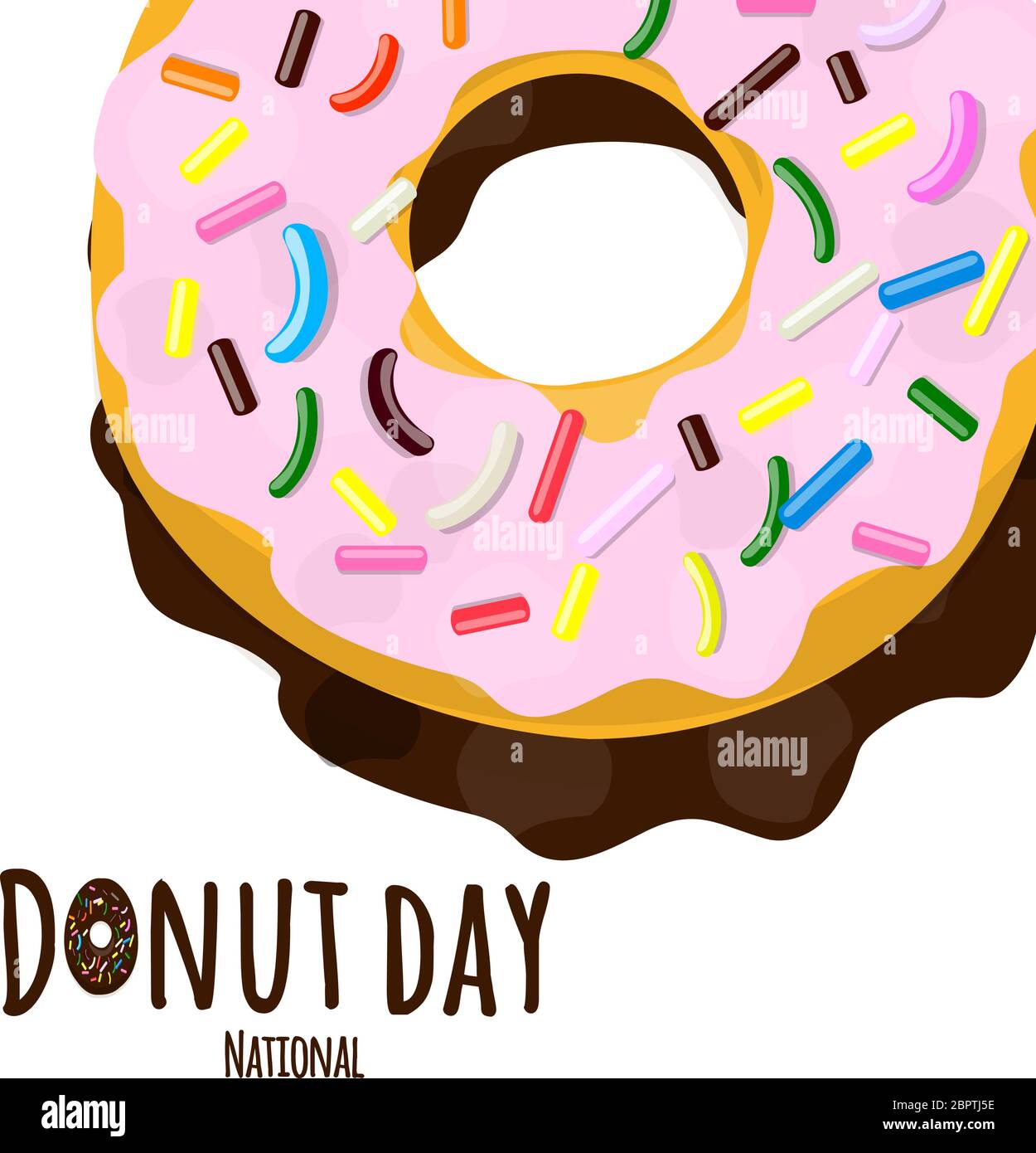 Vector illustration of a donut in pink glaze with multi-colored pastry topping isolated on a white Stock Vector