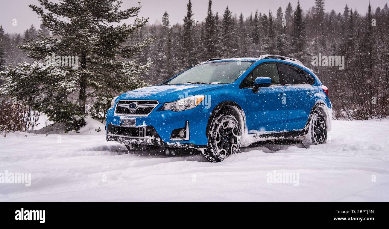 Blue sport utility vehicle in snowstorm Stock Photo