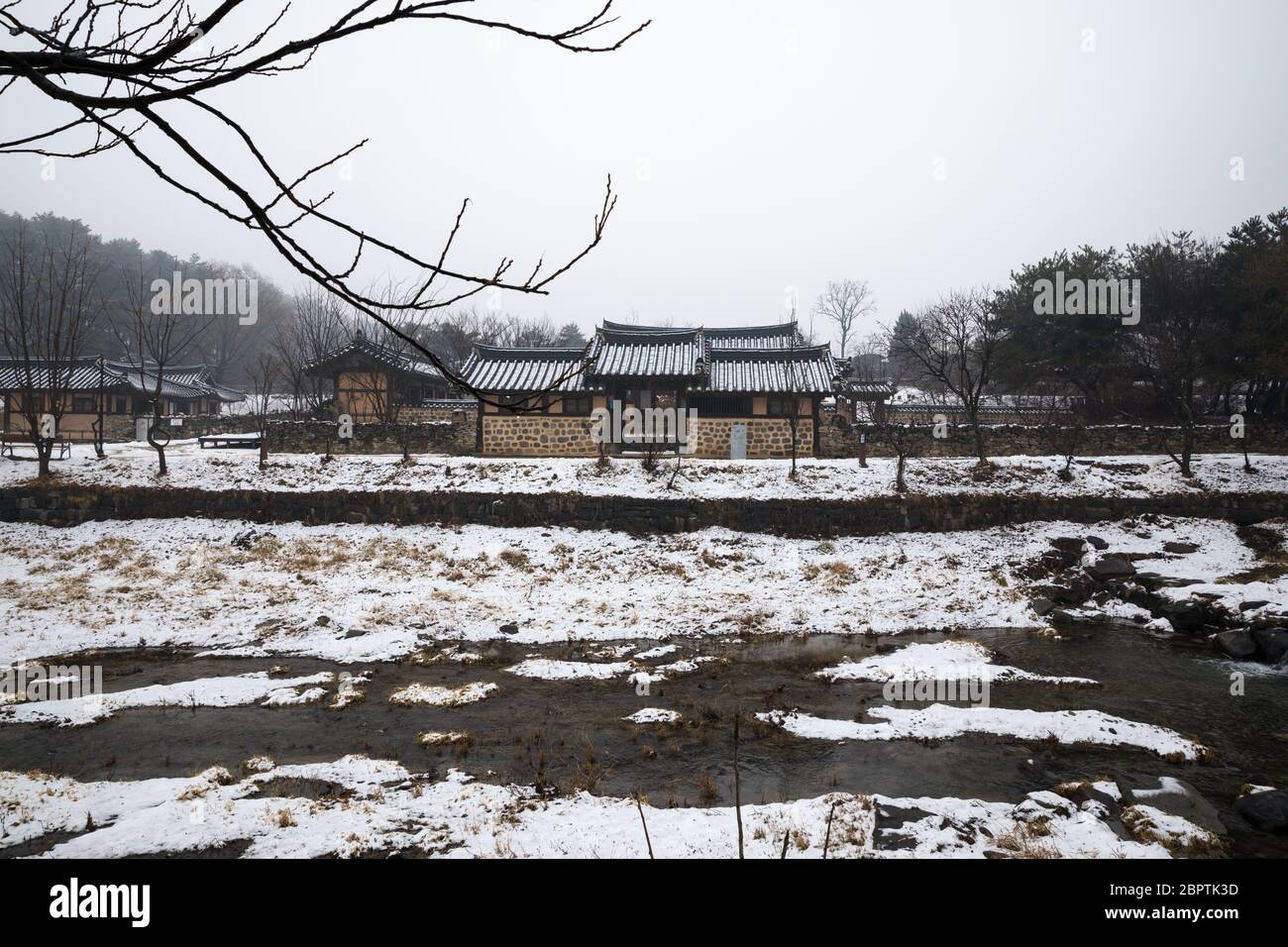Winter in Korea, snowy traditional village landscape. Oeam Folk Village