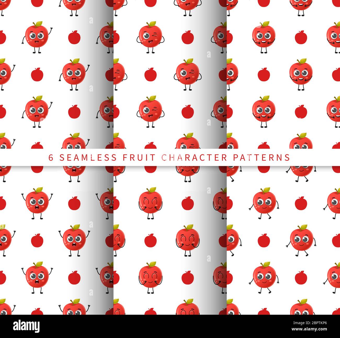 Set of vector seamless pattern with cute cartoon apple fruit characters ...