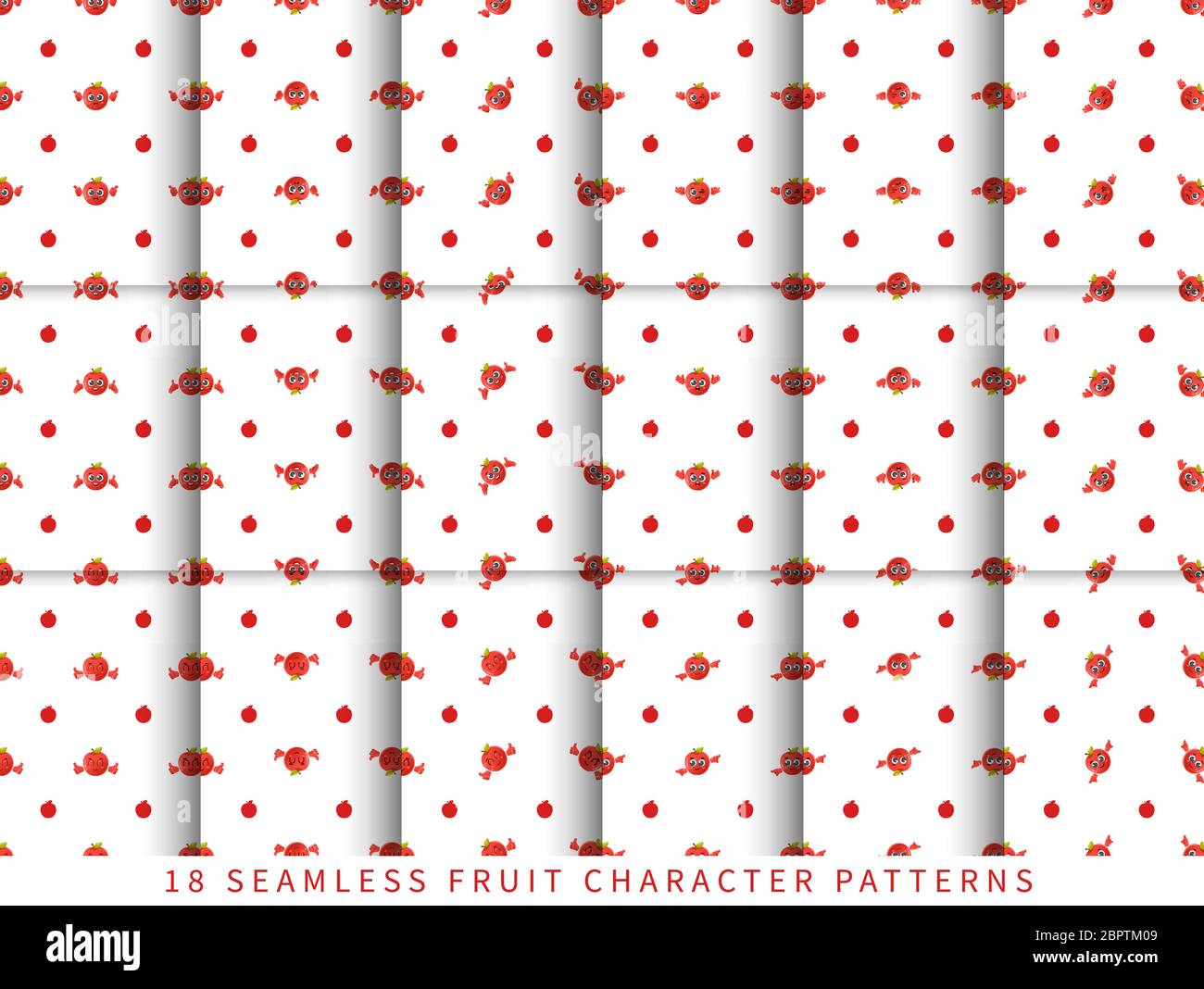 Set of vector seamless pattern with cute cartoon apple fruit characters ...