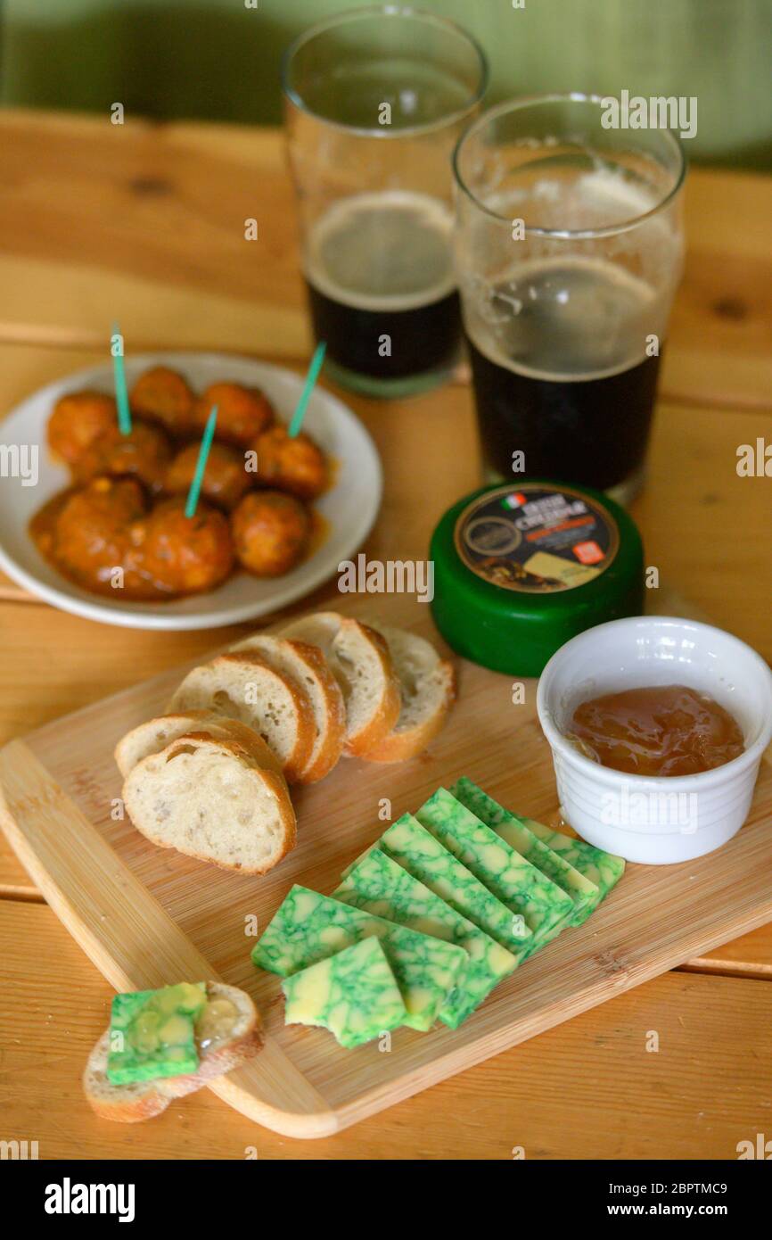 Bread, cheese, jam, stout and meatballs Stock Photo Alamy
