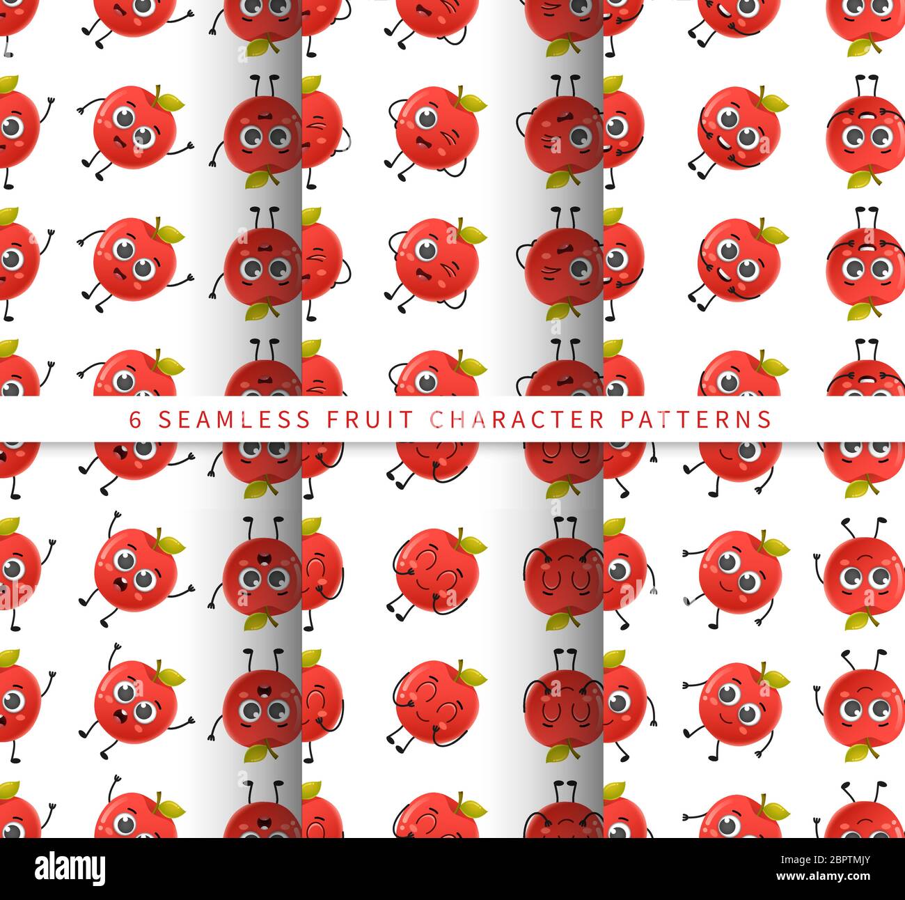 Set of vector seamless pattern with cute cartoon apple fruit characters ...