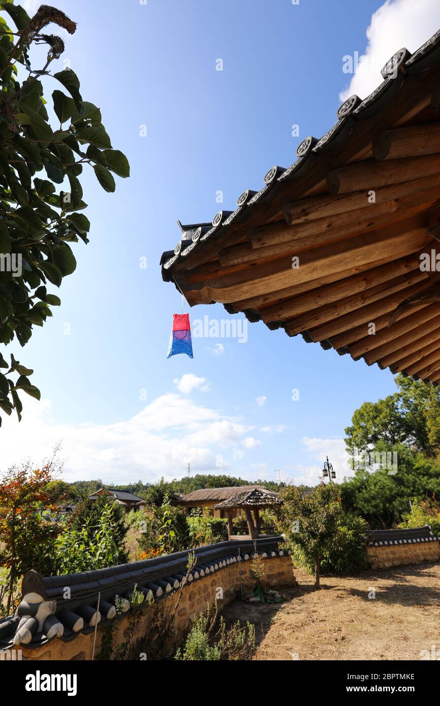 Traditional Korean house roof traditional lantern. Mooseom folk village, Youngju, South Korea Stock Photo
