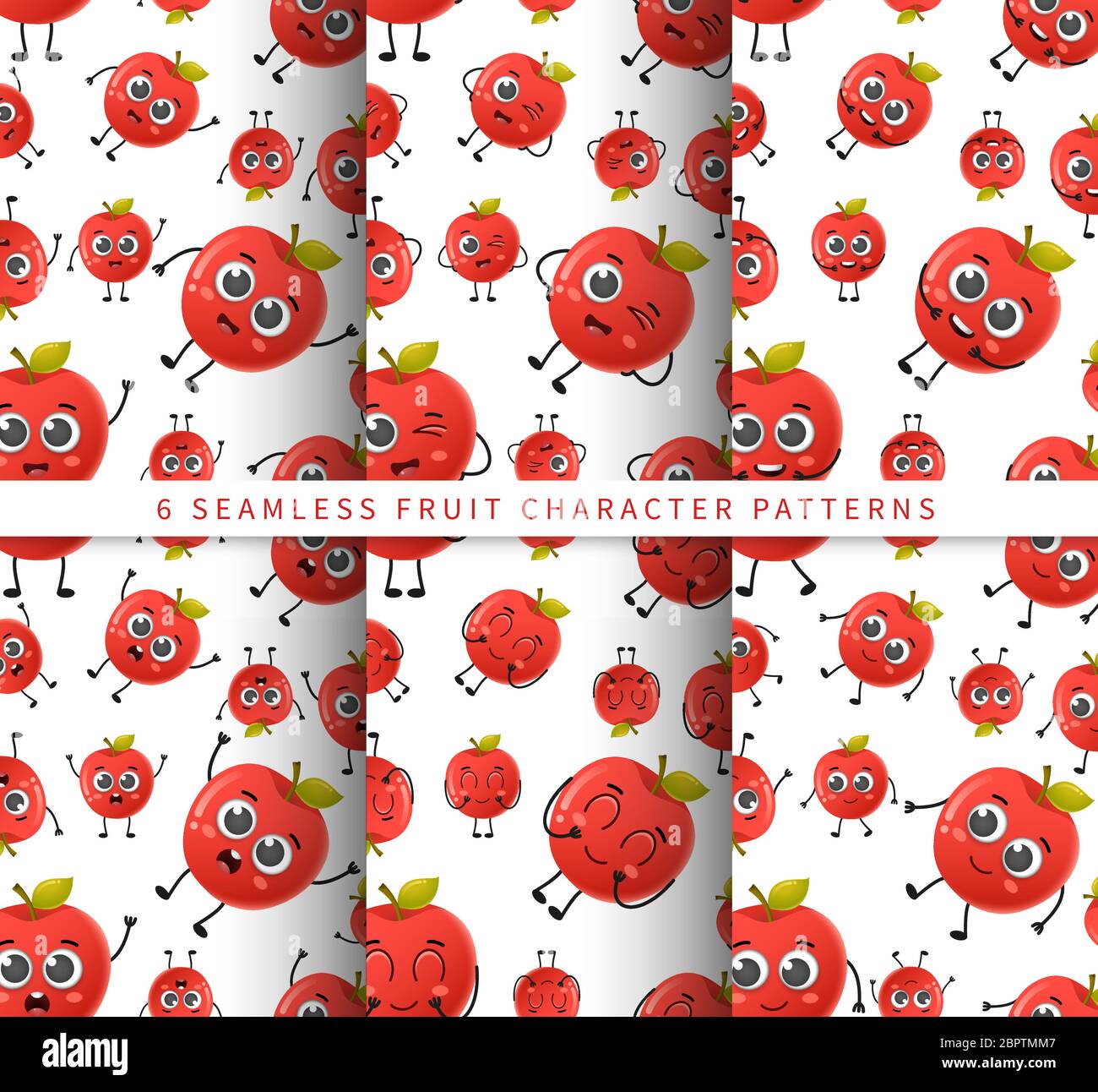Set of vector seamless pattern with cute cartoon apple fruit characters ...