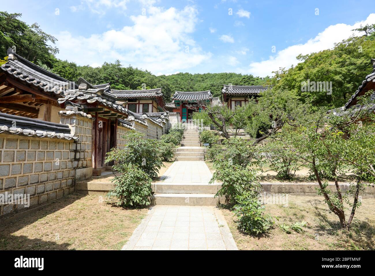 Traditional Korean houses and gardens. Stock Photo