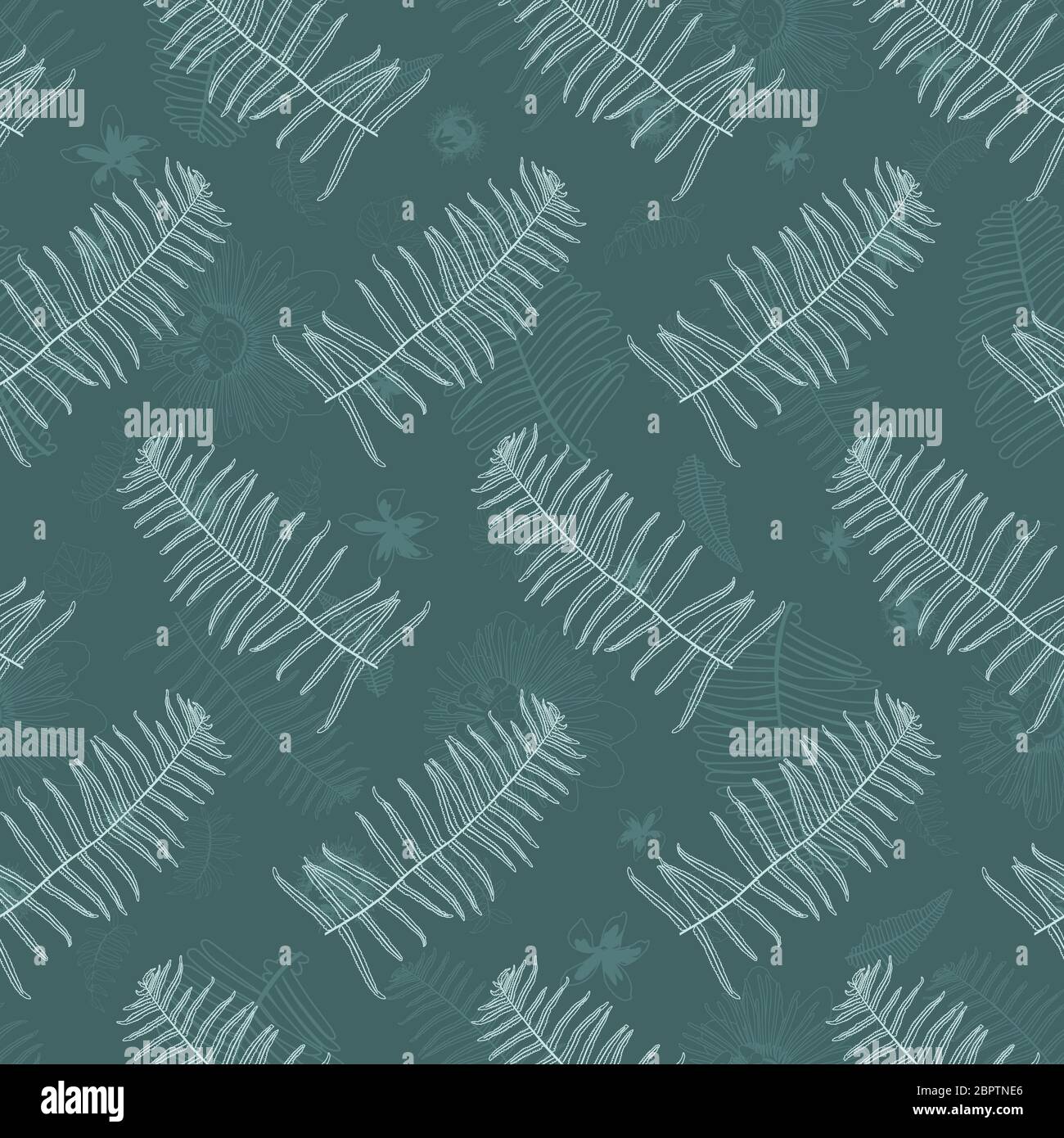 Vector dark green mint ostrich ferns seamless pattern with ferns watermark faded background. Suitable for fabric, wallpaper and gift wrap. Stock Vector