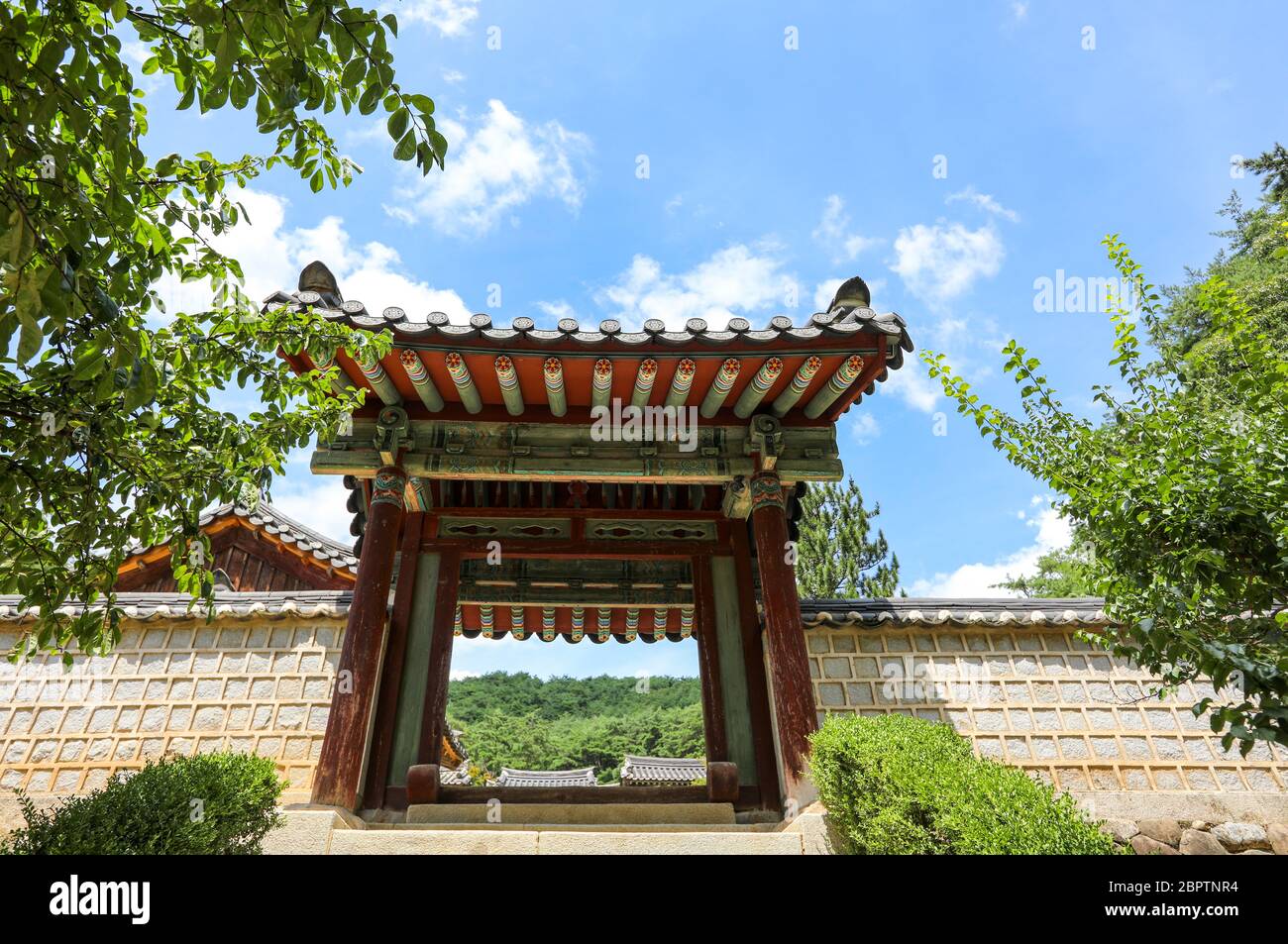 View from the main gate of Korean traditional house. Stock Photo