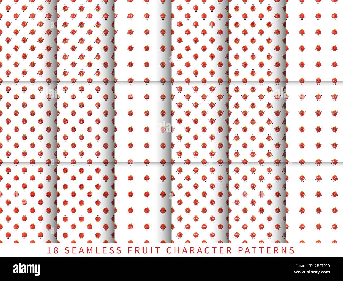 Set of vector seamless pattern with cute cartoon apple fruit characters ...